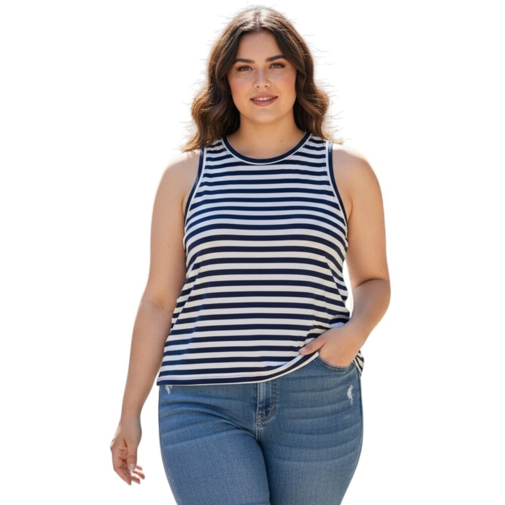 Maeve Anthropologie Women's 2X Navy White Stripe Sleeveless Crop Tank Top